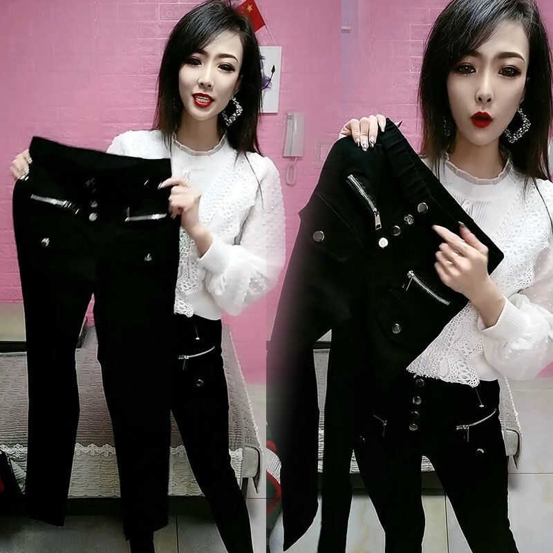 黑色多纽扣设计感拉链小脚牛仔裤2024春季新款高腰弹力紧身铅笔裤