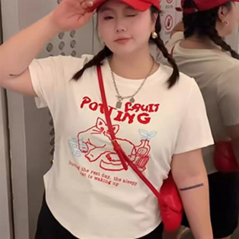 大码设计感不规则短袖T恤女夏季胖mm显瘦小众学生bf百搭正肩上衣