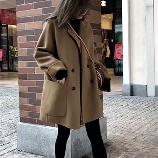 韩版 小个子西服式 羊毛呢外套 双面羊绒大衣女2023秋冬短款 宽松阔版