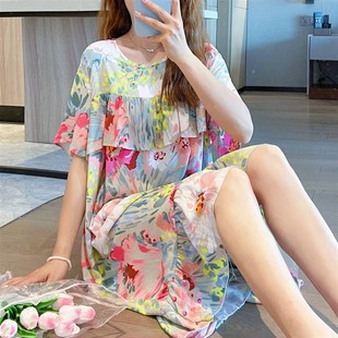 外穿防凸点棉绸睡裙女夏短袖 小个子 绵绸睡衣孕妇人造棉连衣裙大码