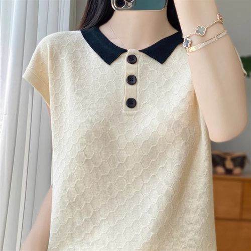 短袖T恤2025春季新款翻领宽松拼接大码女装薄款冰丝针织衫上衣