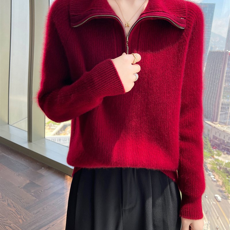 山羊绒新款秋冬女半开领拉链加厚针织毛衣宽松慵懒长袖羊毛衫打底