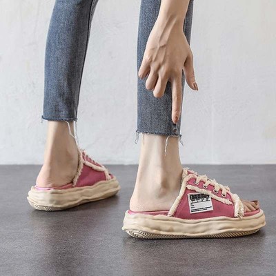 乞丐半拖c鞋女夏季外穿2022新款溶解厚底一字拖绸缎系带露趾凉拖