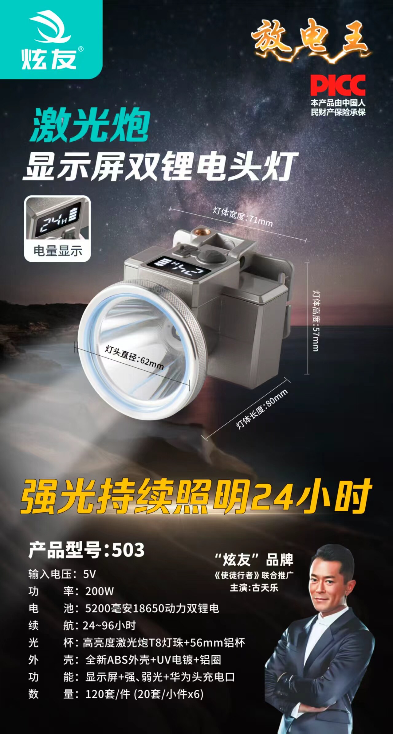 炫友-503双锂电大容量锂电头灯超长续航户外作业充电式头戴电筒