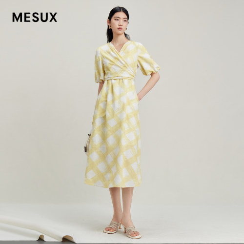 MESUX米岫夏季女装收腰复古格子印花收腰连衣裙女MLMUO506