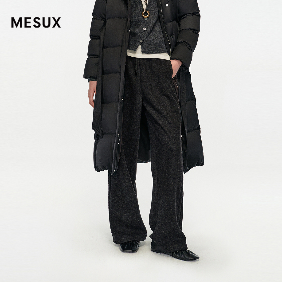 MESUX米岫25冬含绵羊毛抽绳松紧腰直筒宽松软糯风休闲裤MNWSQ401