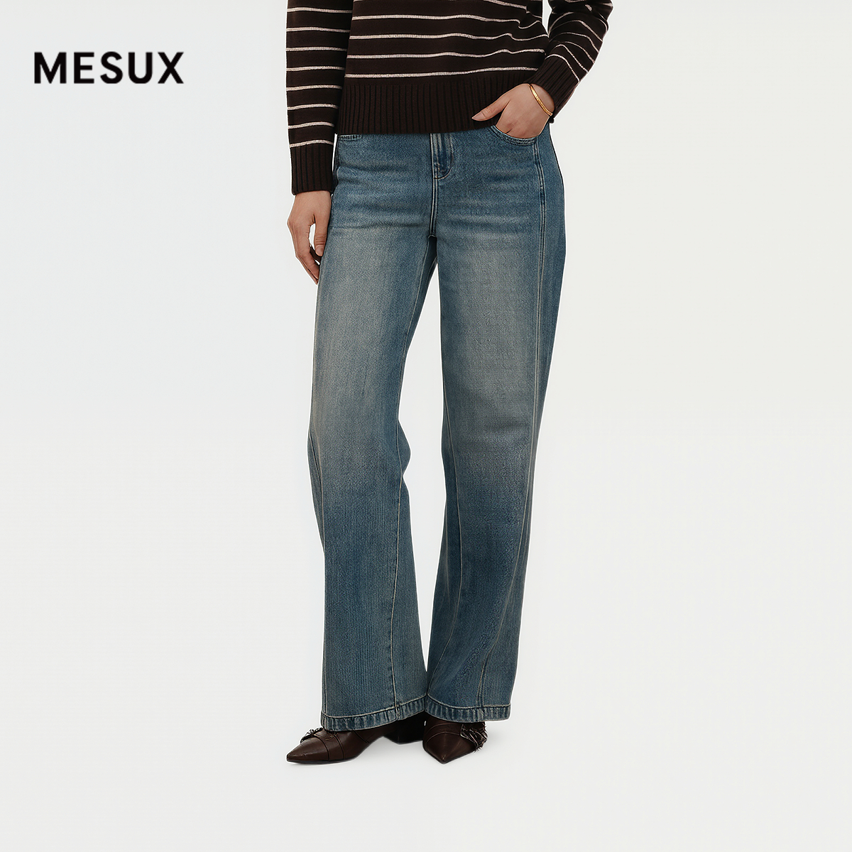 MESUX米岫2025高腰宽松慵懒风镰刀阔腿裤弯刀牛仔裤MNFPR403