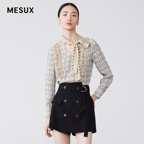 MESUX米岫女装新品镂空飘带几何印花职业小上衣女可外穿MKSUD515