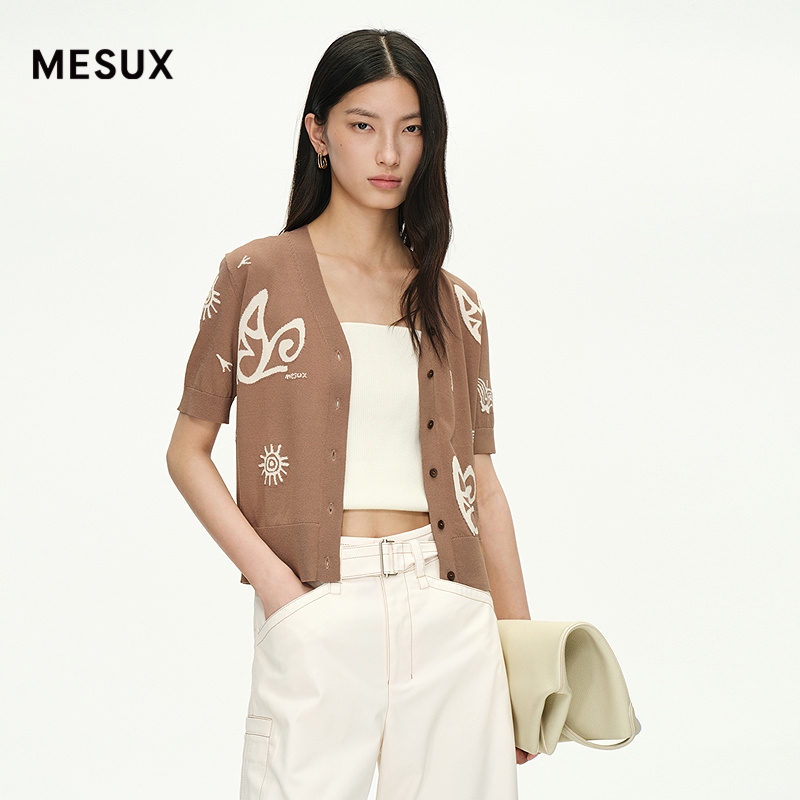 [博主同款]MESUX米岫25夏嵌花图案V领修身针织开衫上衣MNMUE505