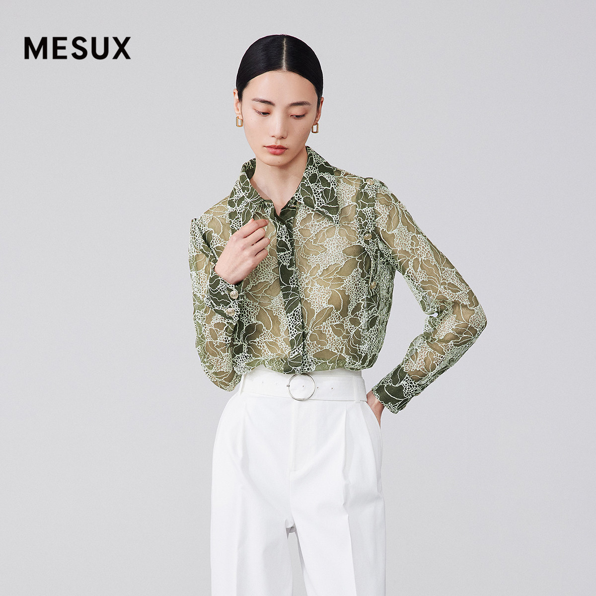MESUX米岫立体花卉树叶翻领金属扣装饰层衬衫外套MKMDC412