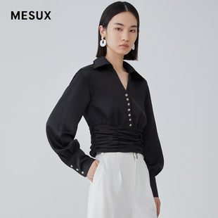 MESUX米岫秋季 上衣MKFUD509 金属玫瑰排扣层叠高腰收腰复古V领衬衫