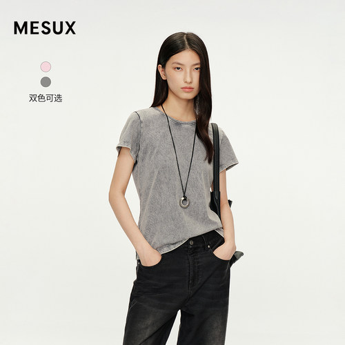 MESUX米岫夏精梳棉斑驳做旧H型磨白圆领松弛短袖T恤MNMUB325
