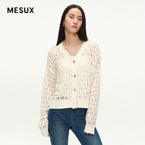 MESUX米岫新品珍珠缀饰镂空肌理感V领针织衫开衫MNSSE519