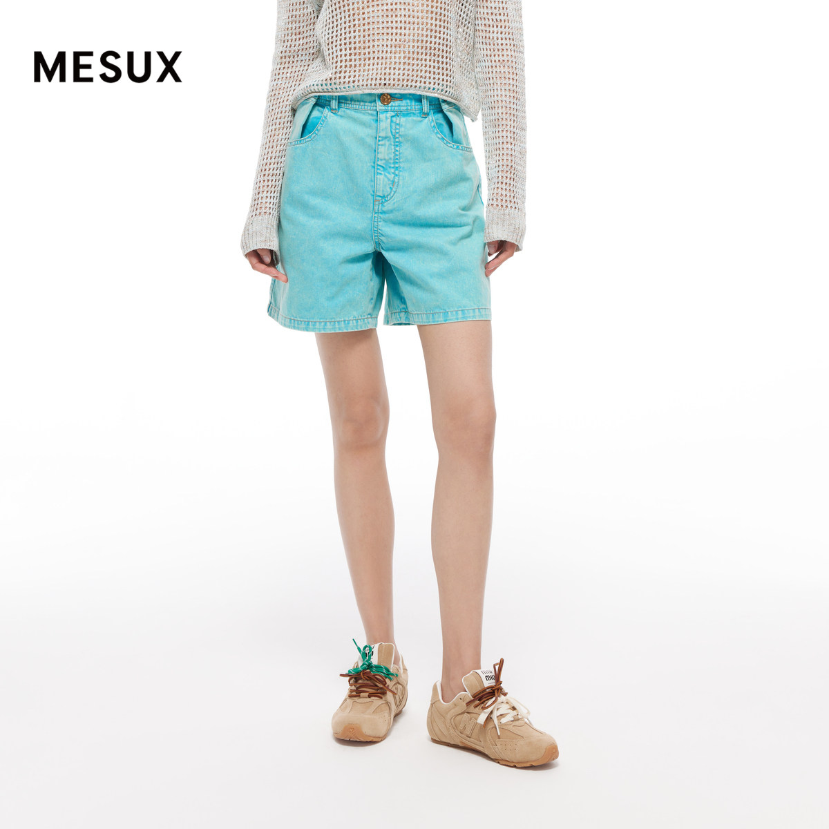 MESUX米岫新品女装全棉高腰直筒蓝色牛仔短裤MMMUR102