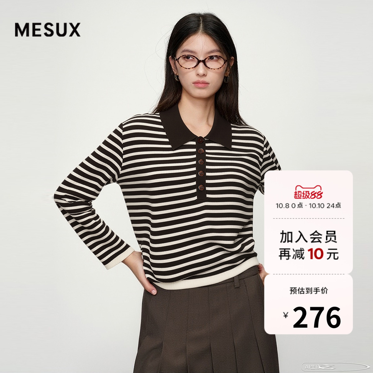 MESUX米岫25冬季含绵羊毛条纹翻领套头毛针织衫MNFPE403