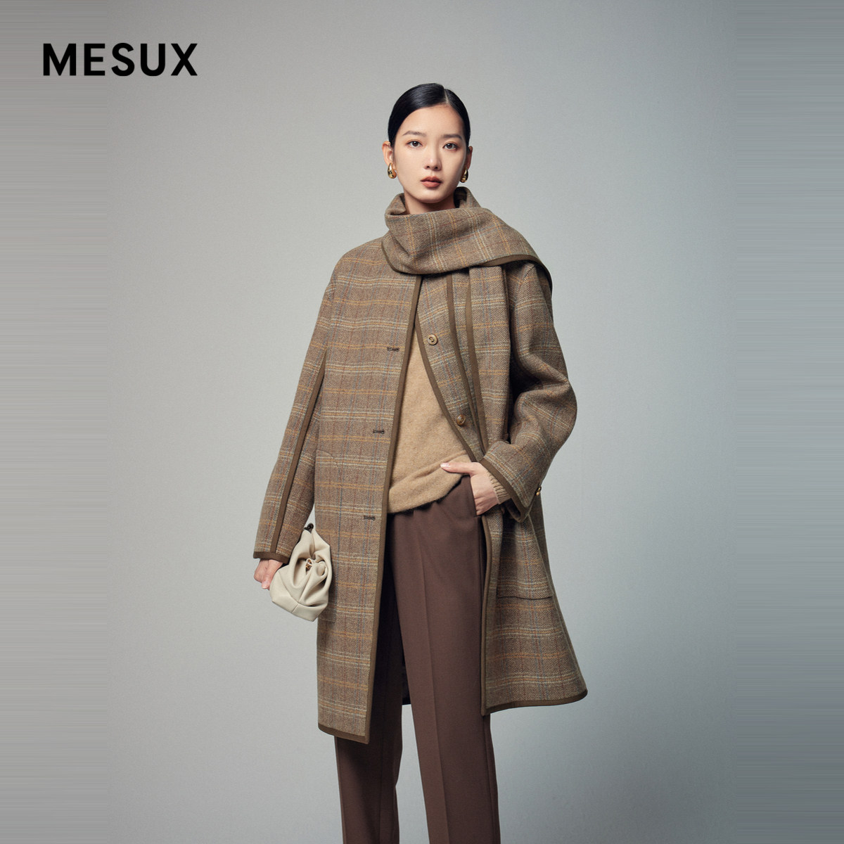 MESUX米岫冬季新品进口格子带围巾茧型大衣女MLWUI207