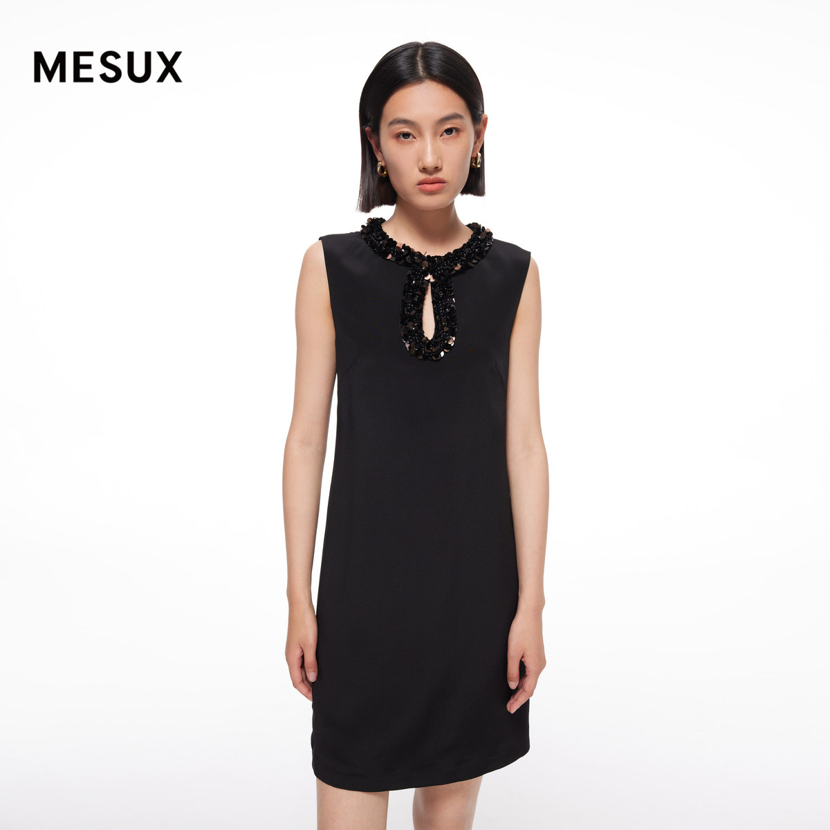 MESUX米岫夏新品女高定桑蚕丝重工花边黑色连衣裙MMMUO324