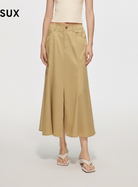 MESUX米岫新品时尚设计卡其色分割加长鱼尾裙女MMSUS419