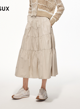 MESUX米岫新款女抽褶100%纯棉百搭浅卡其色伞裙半身裙MMSUS407