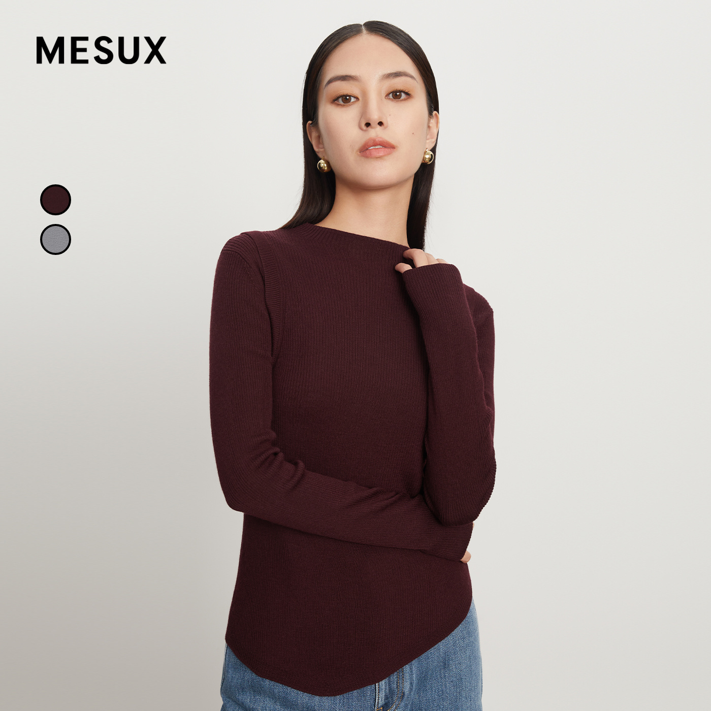 MESUX米岫冬季新羊毛不规则下摆假两件打底针织毛衫MKWUE434