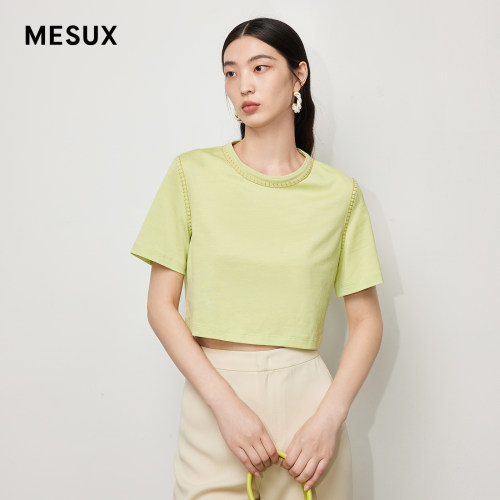 MESUX米岫夏季女装明线短款圆领彩色休闲T恤上衣女MLMDB302