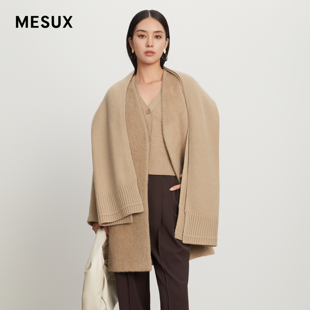 MESUX米岫冬新羊驼毛呢围巾装饰金属纽扣中长款大衣MKWUI202