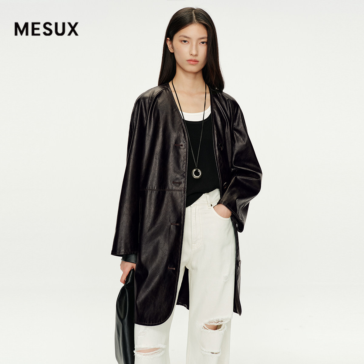 MESUX米岫秋季女装PU无领中性风衣外套（含腰带）MMFUG103
