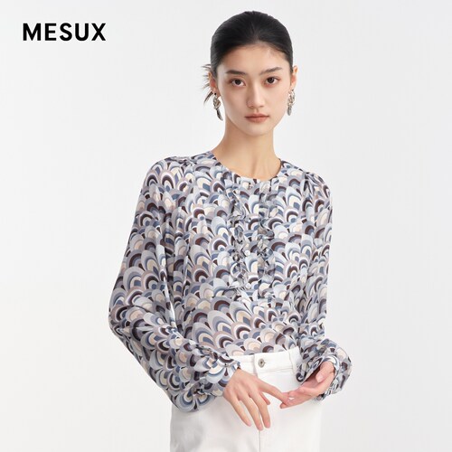 MESUX米岫夏季女装长袖灯笼袖荷叶边气质印花衬衫女MLMUC408