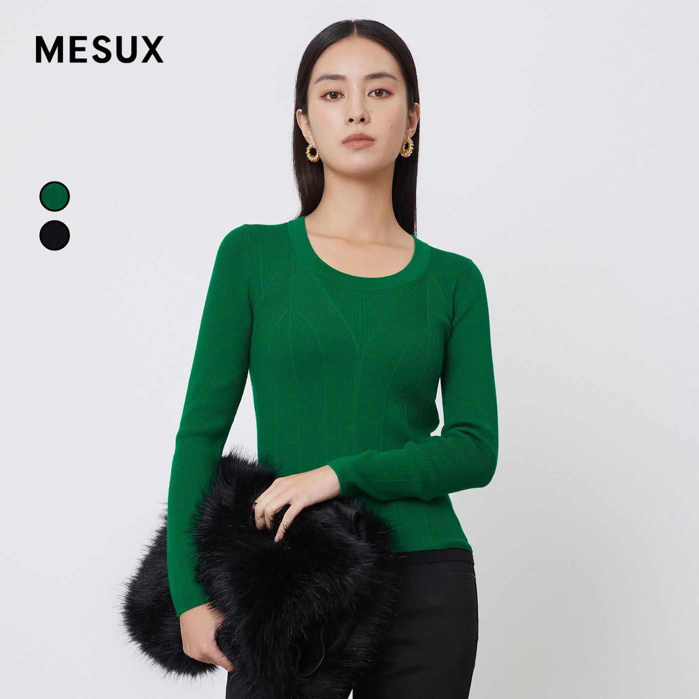 MESUX米岫冬季新美丽诺羊毛波浪荷叶边下摆圆领修身毛衫MKWUE431