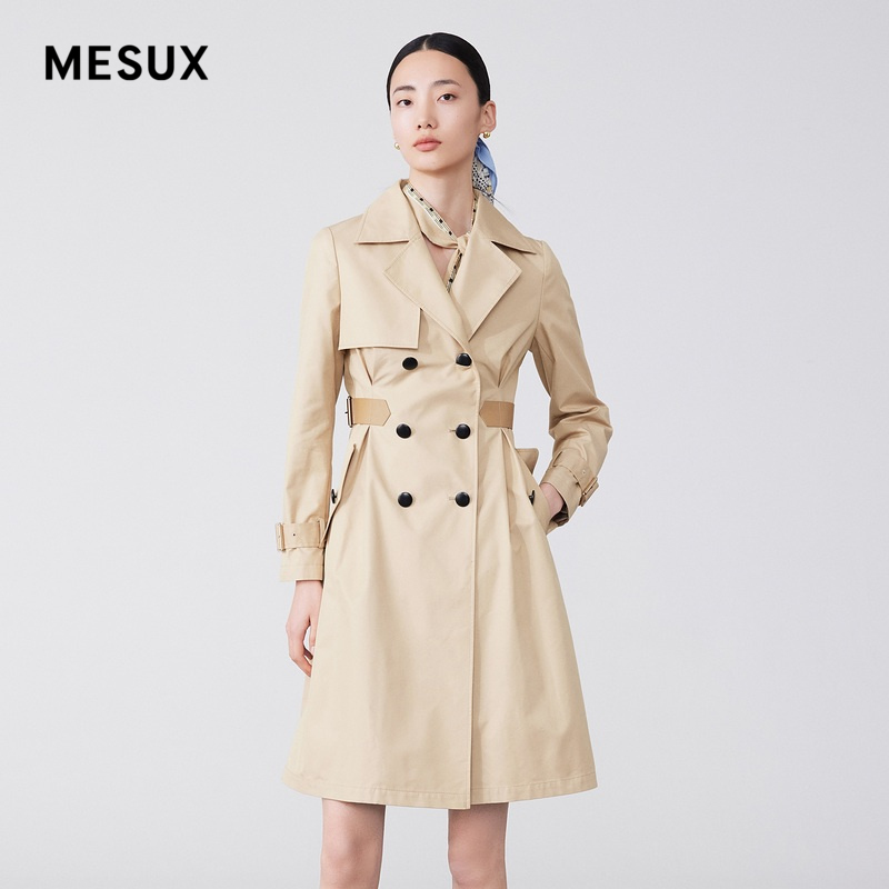 MESUX米岫简约通勤风收腰中长款卡其色风衣外套女MKSUG203