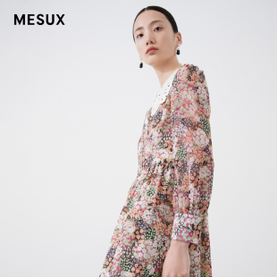 MESUX米岫雪纺印花度假风法式 连衣裙女MKSUO602 复古透视长袖