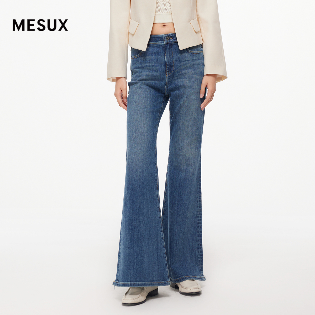 MESUX米岫新品女装显瘦微喇裤子复古修身牛仔裤MMFUR403