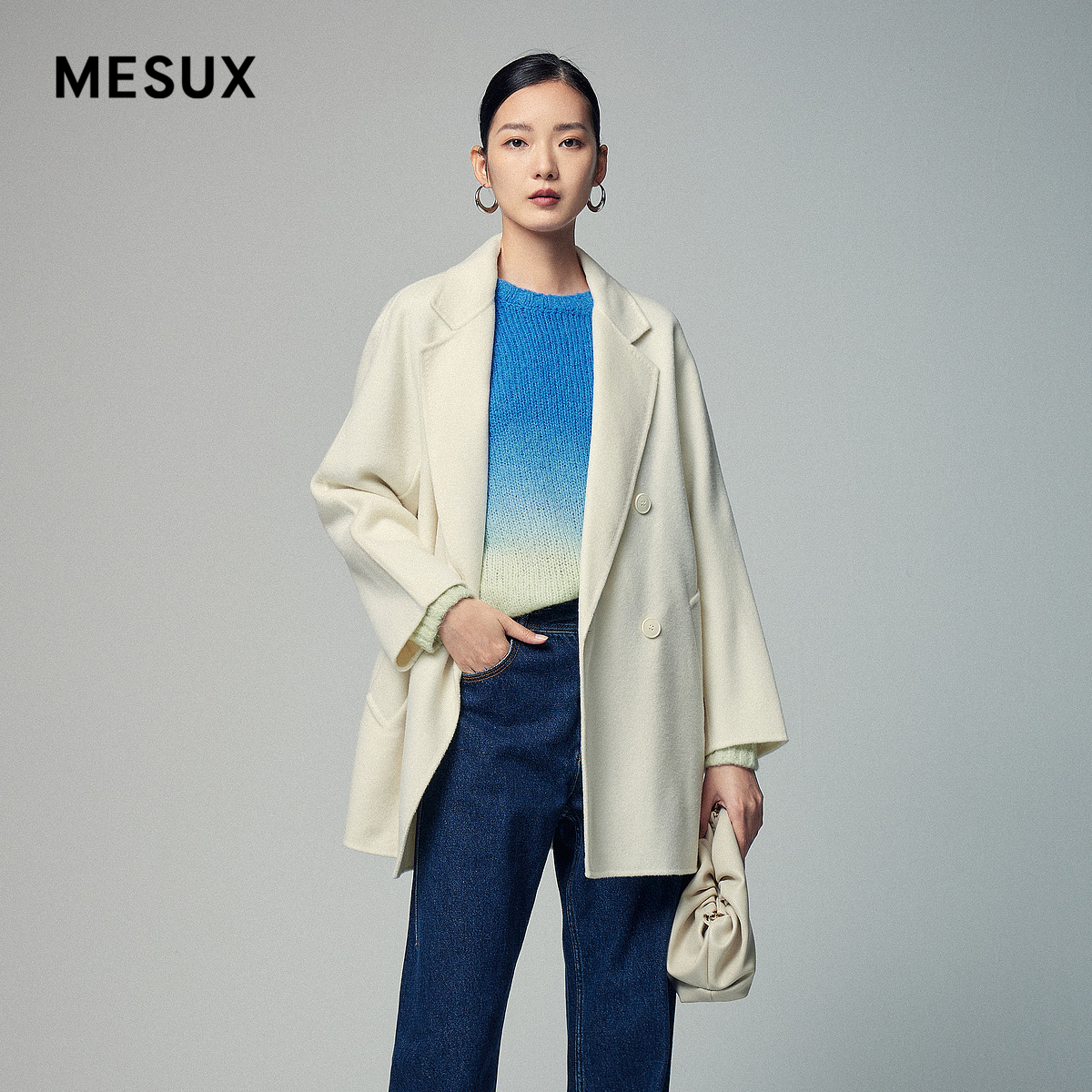 MESUX米岫冬季新品落肩设计简约风翻领双面呢短大衣MKWUI211