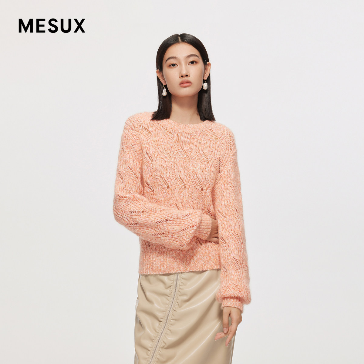 MESUX米岫秋季时尚设计橙黄花纱圆领套头毛衫女MMSUE405