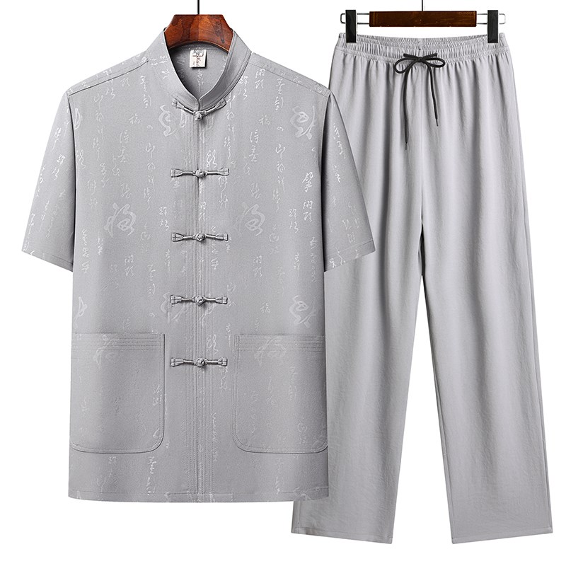 夏季唐装男短袖套装中老年爸爸装中国风老人衣服爷爷套装衬衫薄款