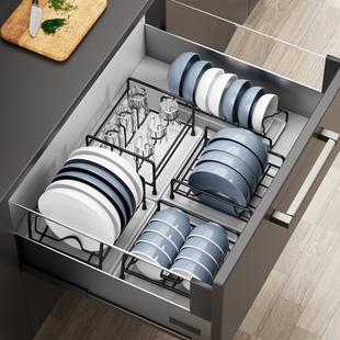 304不锈钢抽屉里内置碗盘碟架杯子架厨房台面上放置物架带接水盘