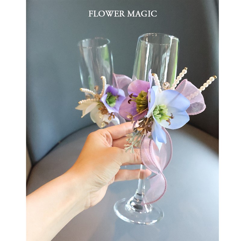 小清新紫色仙美新郎新娘结婚礼敬酒杯装饰花酒杯花