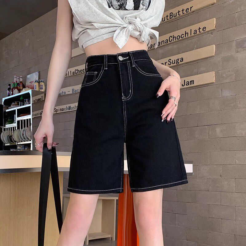 白色五分裤女宽松直筒夏薄款高腰显瘦黑色牛仔短裤小个子阔脚中裤