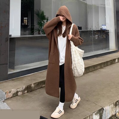 灰色中长款针织开衫女2024秋冬加厚高级感时尚显瘦毛衣连帽风外套