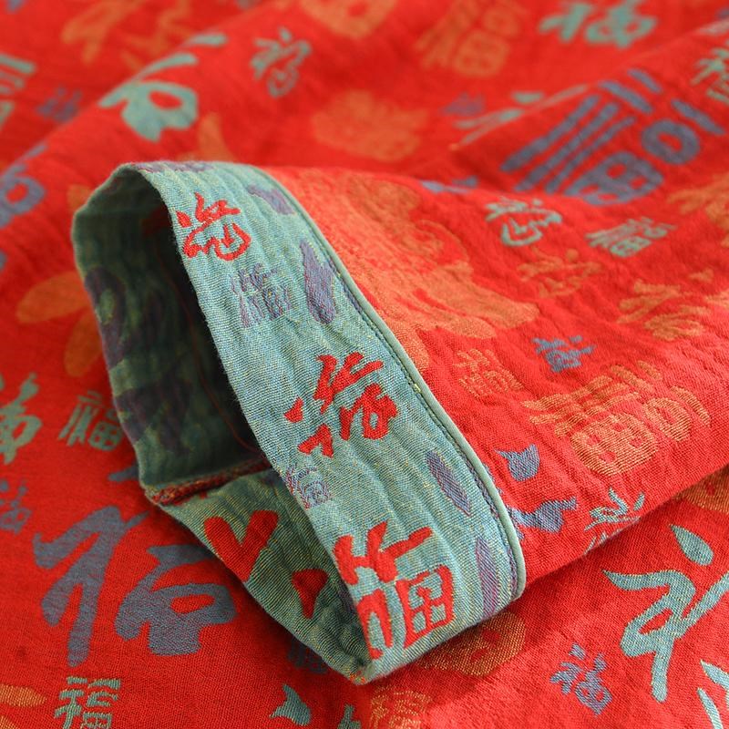 新款福字提花国风复古盘扣睡衣女春秋纯棉双层纱布红色本命年家居