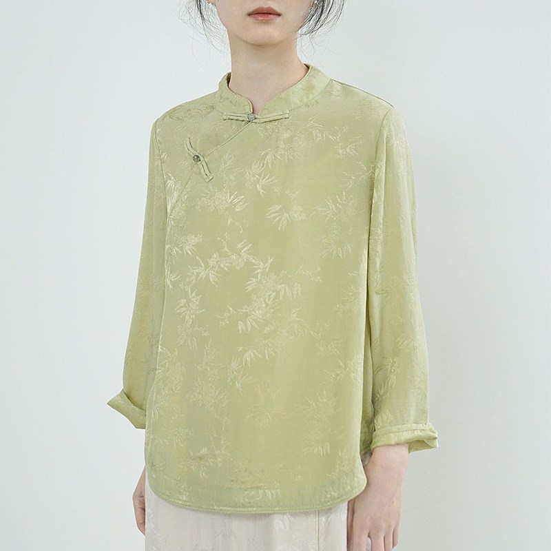 新中式人丝提花复古衬衫禅意中国风立领珠扣斜襟茶服春装女上衣秋