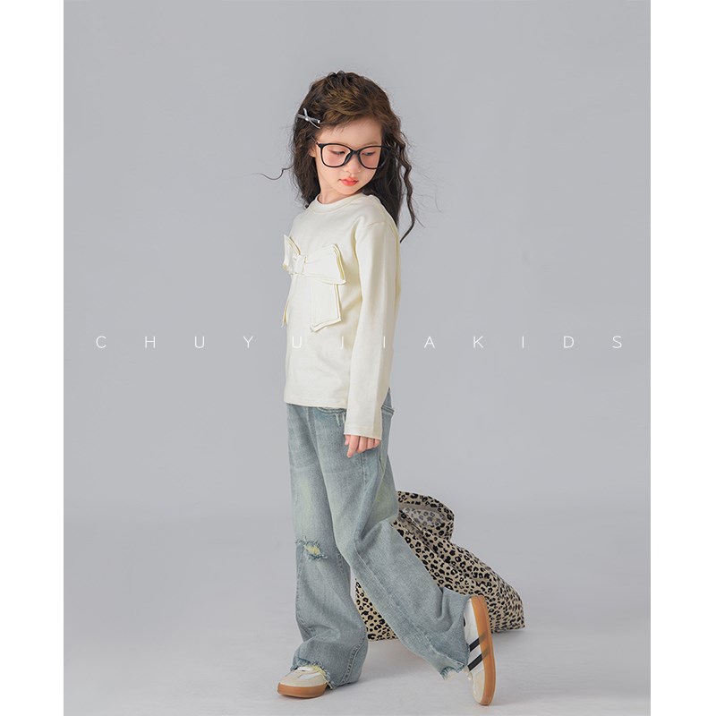 初羽家童装春季裤子2025新款女童直筒长裤儿童宽松复古做旧牛仔裤