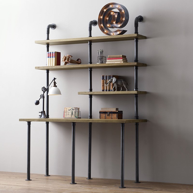 美式墙上书架置物架实木隔板客厅卧室铁艺书桌书柜水管陈列展示架