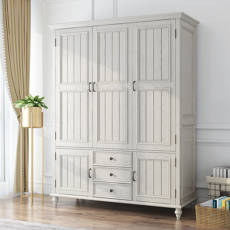 美式乡村复古衣柜实木白蜡木卧室定制衣柜三门组合整墙大衣柜