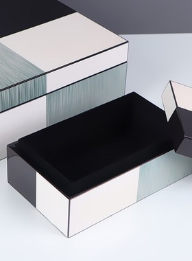 北欧简约样板间装饰盒摆件黑白拼色烤漆木质收纳首饰盒卧室梳妆台