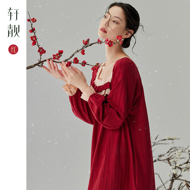 轩靓红色睡裙女春秋季纯棉长袖2025年蛇年本命年新娘结婚睡衣晨袍