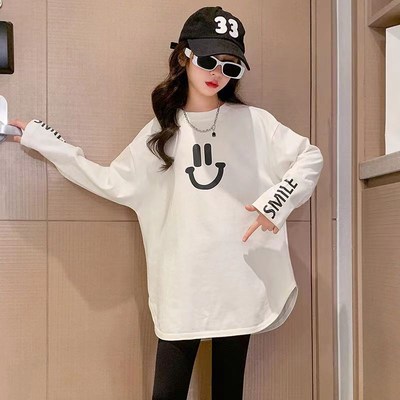 女童中长款长袖t恤春秋中大儿童圆领宽松白色百搭秋冬加绒打底衫