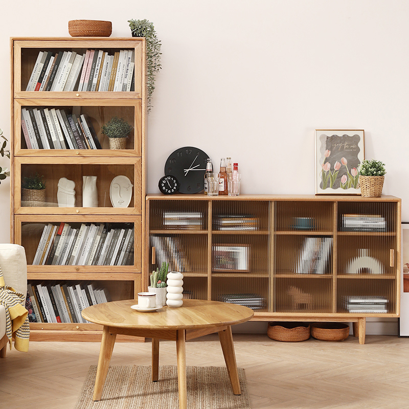 全实木书柜带玻璃门橡木书架格子柜带门日式落地收纳柜家用储物柜