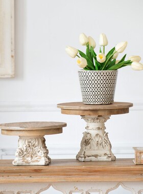 Powkhome欧式复古做旧装饰摆件蛋糕甜品点心实木托盘桌面陈列道具