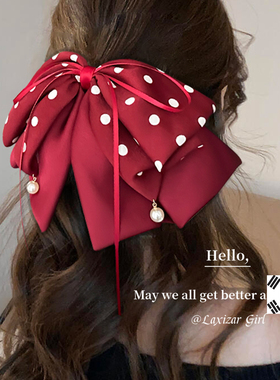 韩版蝴蝶结飘带红色大波点马尾抓夹固定神器后脑勺发卡夹子高级感